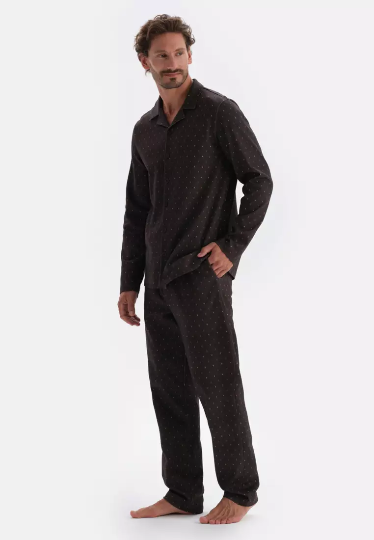 Dark Brown Shirt & Trousers Knitwear Set, Micro Print, Shirt Collar, Regular Fit, Long Leg, Long Sleeve Sleepwear for Men