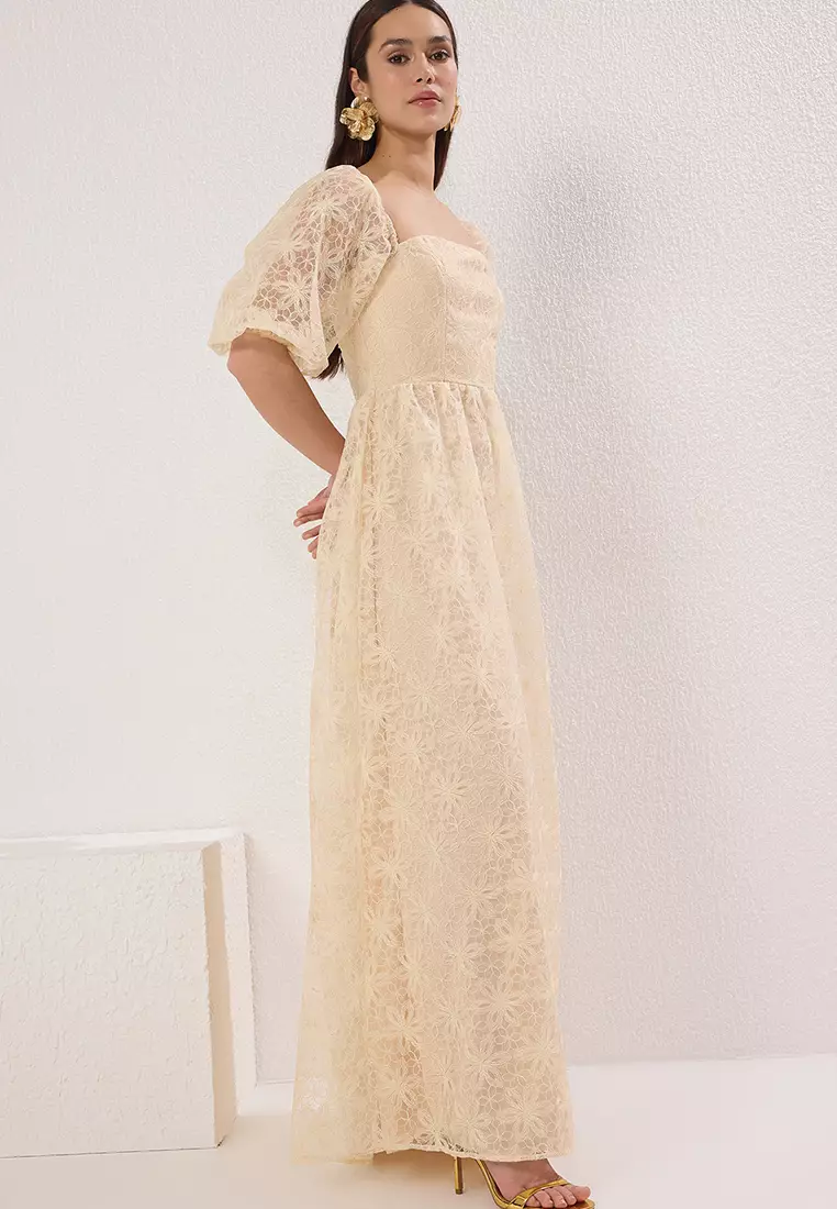 Salmon A-Line Floral Lined Long Evening Prom Dress TPRSS25AE00038