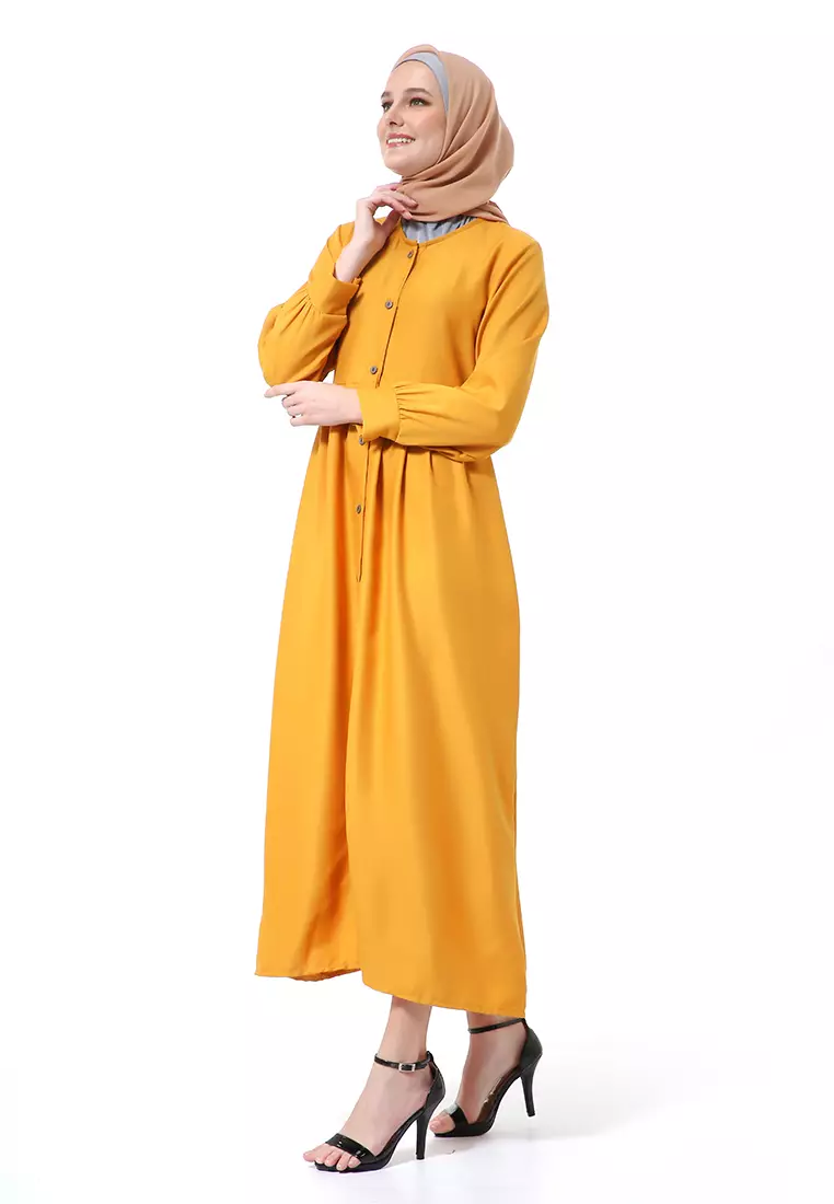 Kiyah Dress Button Muslimah Atasan Wanita Long Sleeve Premium Quality - Mustard