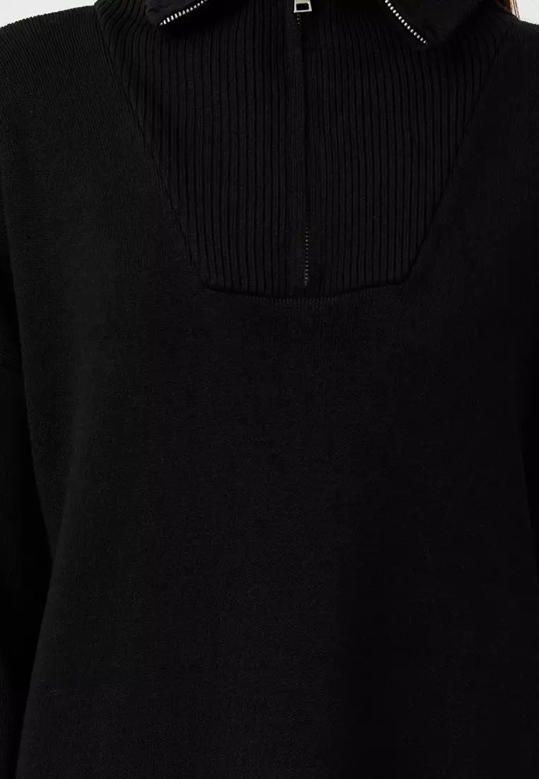 Black Comfortable Fit Basic Knitwear Dress with Zipper Collar TCTAW25EB00013