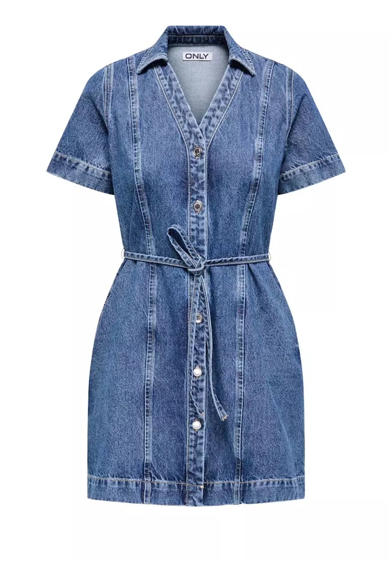 短袖牛仔束腰連身裙