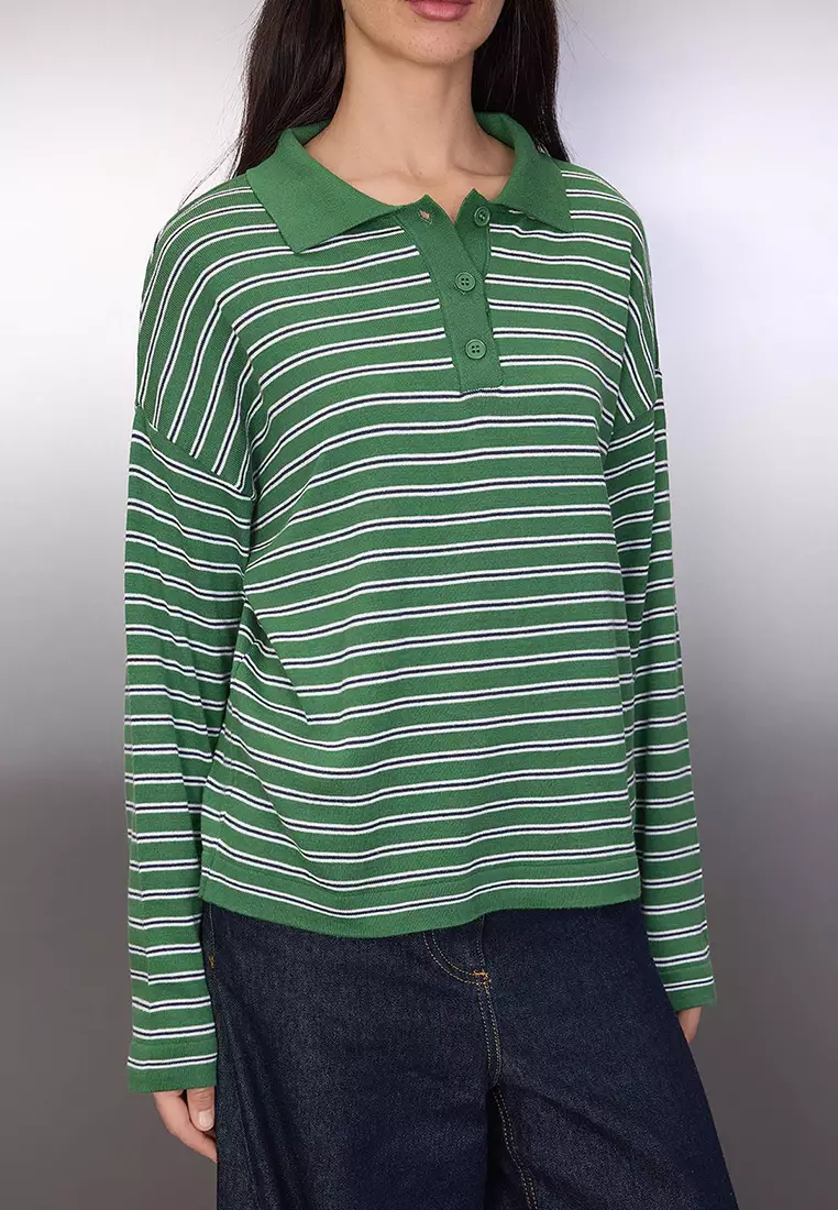 Wardrobe Essentials Green Premium Yarn/Custom Yarn Wide Fit Striped Knitwear Sweater Twoaw26Kz195