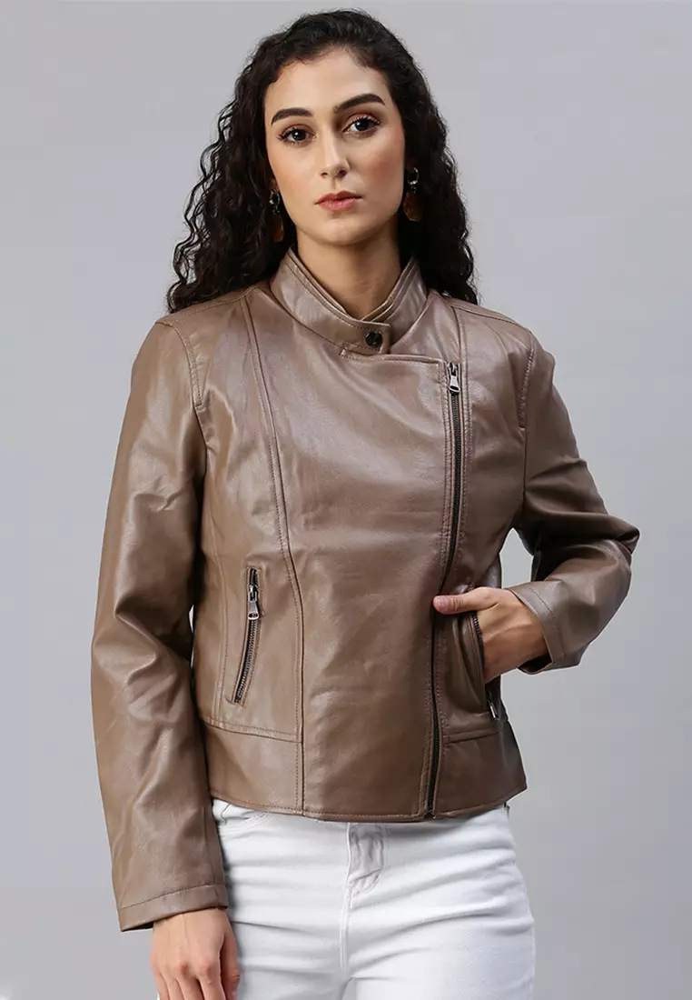 Buy London Rag Coffee Faux Leather Biker Jacket Online