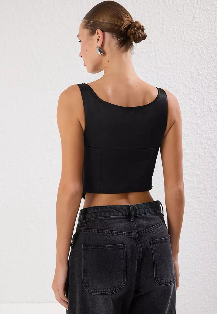 Black Linen Content Satin Detail Fitted Strappy Woven Blouse