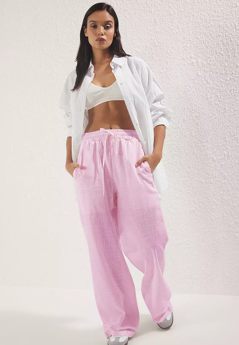 Light Pink Linen Look Wide Leg Shorts Lined Elastic Waist Pants