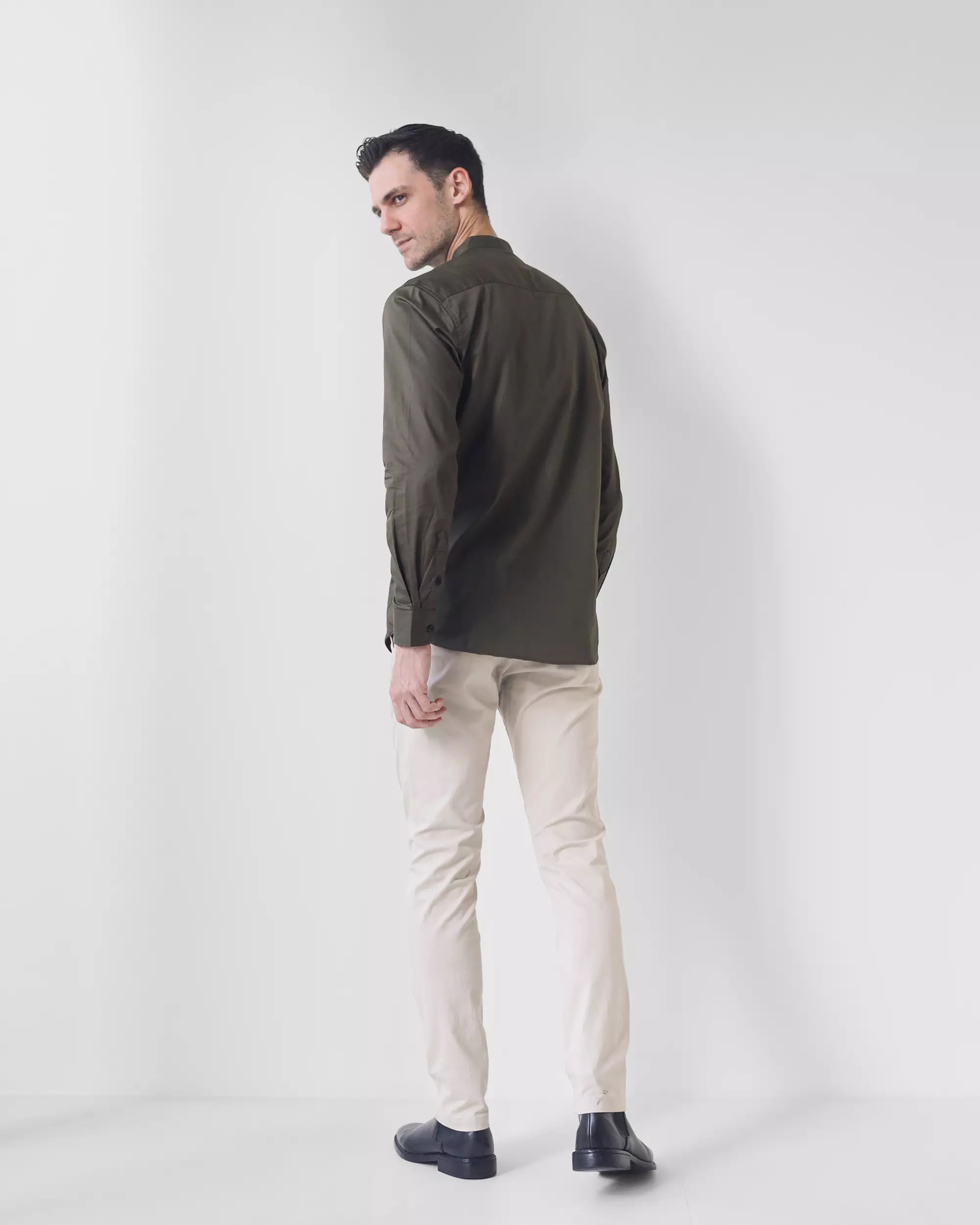 Cotton Well Badr Stand Collar Shirt Army | Kemeja Koko Lengan Panjang Hijau Olive