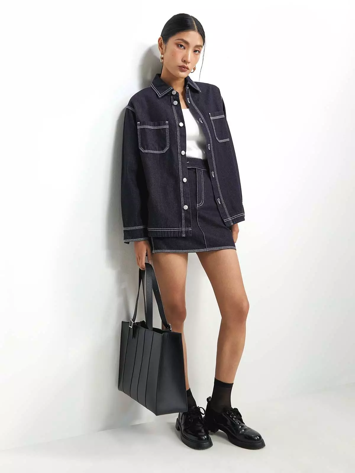 Denim Jacket with Silver Hardware - Dark Blue