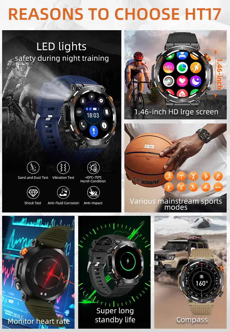SmartWatch HT17 Anti Air Layar Terang 1.46'' Olahraga Monitor Detak Jantung Music Lampu LED Jam Tangan Pria Khaki dengan tali jam gratis