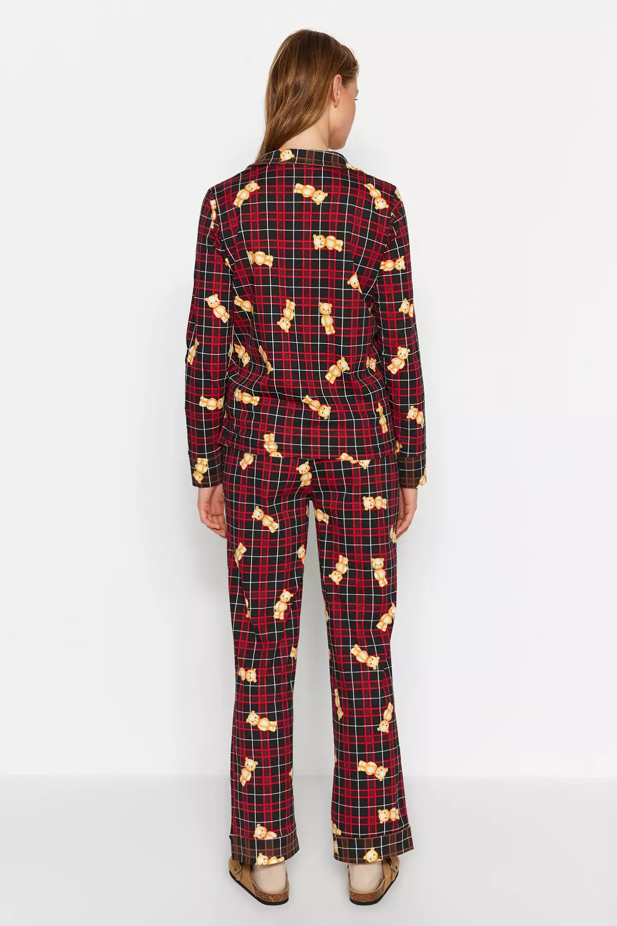 Multicolor 100% Cotton Teddy Bear Plaid Shirt-Pants Knitted Pajama Set