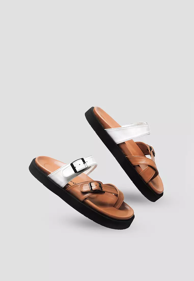 Malika Brown White Slide Sandals