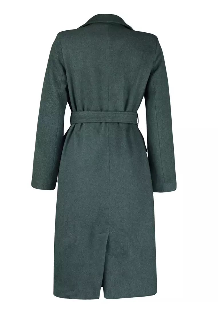 Khaki Fitted Belted Gold Buttoned Long Wool Cashmere Coat TWOAW23KB00018