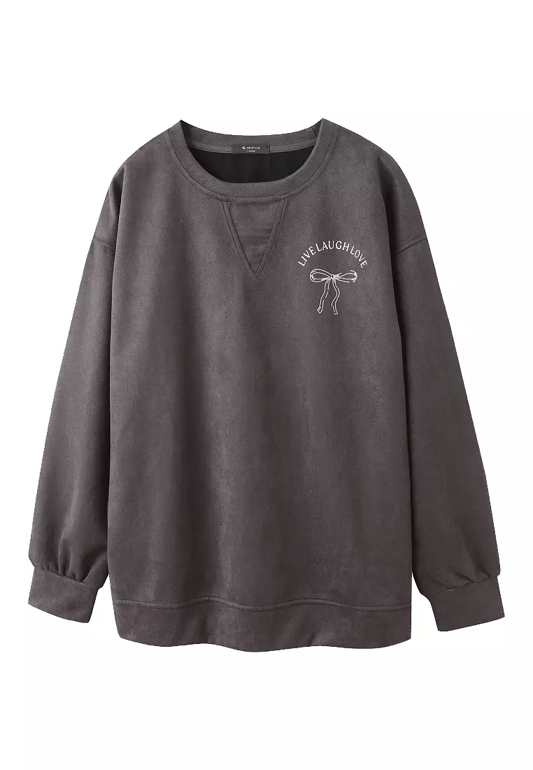 麂皮絨芭蕾風蝴蝶結印花大學T《AB19959》