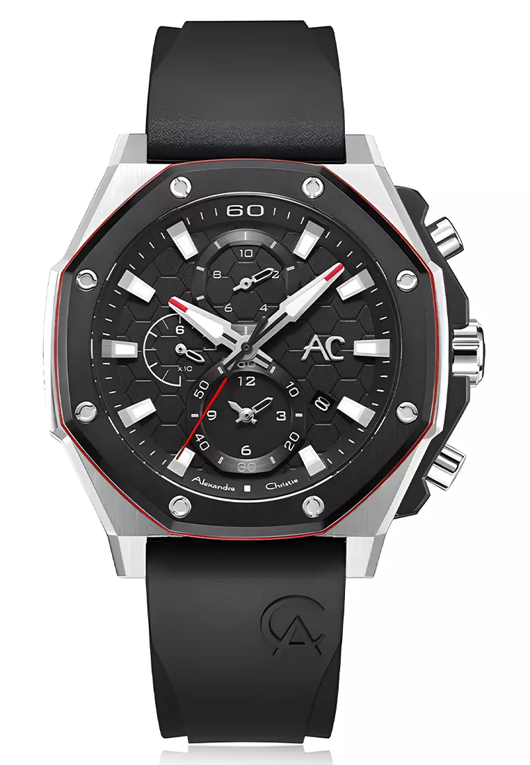 Alexandre Christie Chronograph - Jam Tangan Analog Pria - Silver Case - Black Rubber Strap - 9601 GCRTBBARE