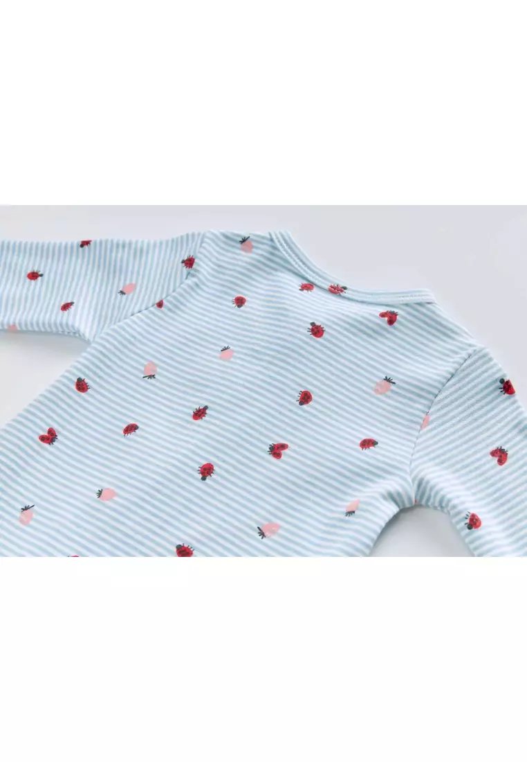 Baby Cotton Sleepsuit Blue Stripes Strawberry Two Way Zipper All In One Jumpsuit Feet Cover