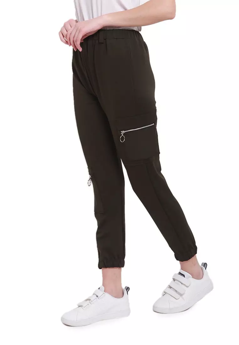 Levana Celana Jogger Zipper Long Pants Rubbery Waist Bawahan Wanita - Hijau Army