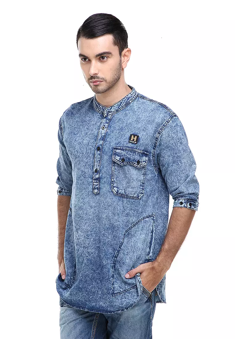 Dwan Shirt Kemeja Jeans Sandwash Pria Kasual Lengan Panjang Material Denim ORIGINAL - Sandwash Blue