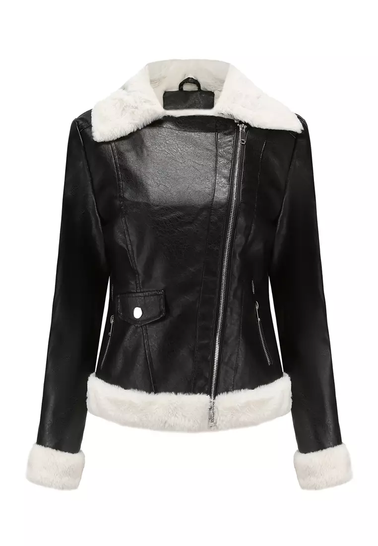 Cropped Fleece-lined Faux Leather Jacket AD5902