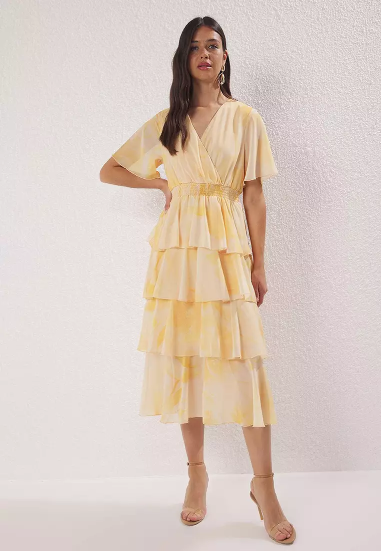 Yellow Floral Skirt Waist Opening Midi Woven Dress Twoss25El00451