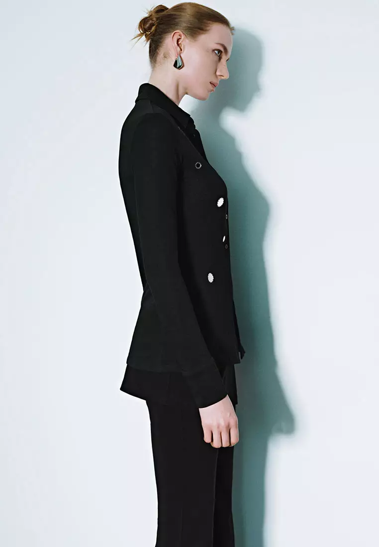 UR春季新款女装设计感镜面装饰长袖开襟衬衫UWJ250005