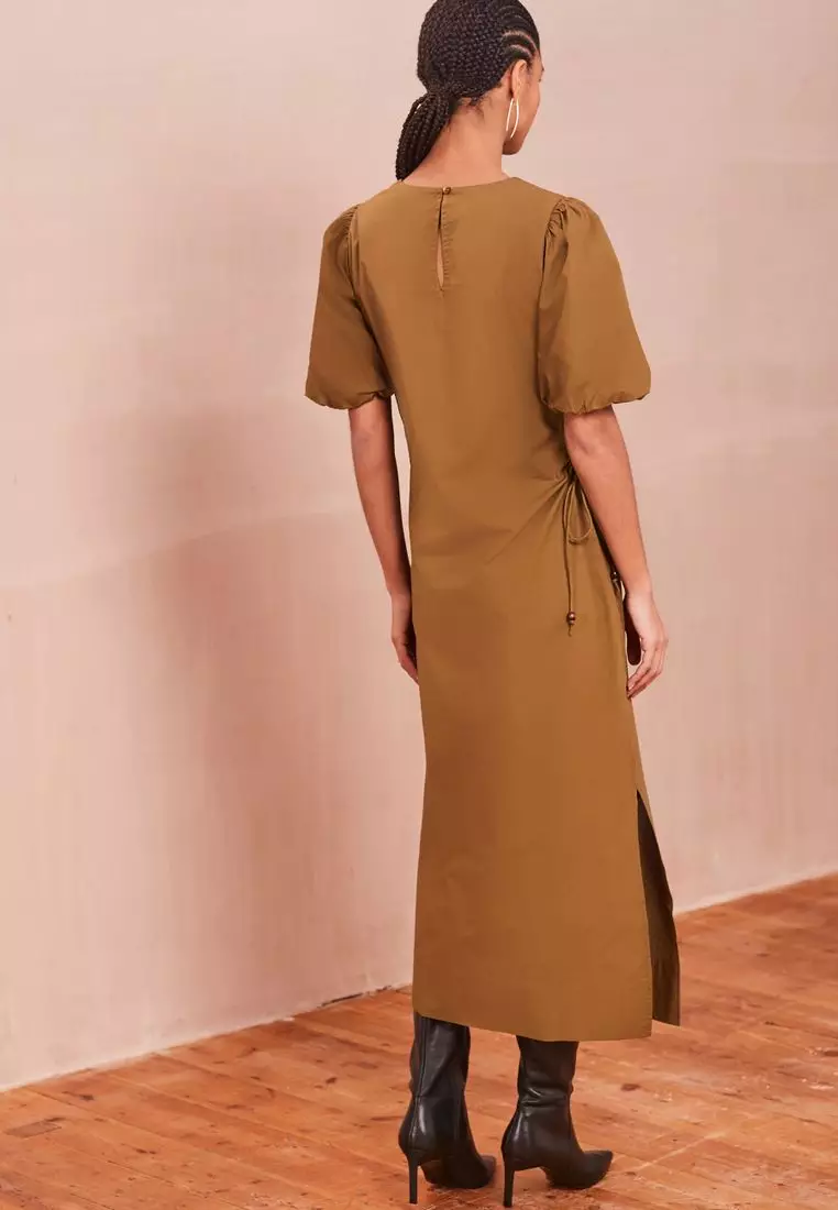 Ruched Side Puff Sleeve Midi Dress