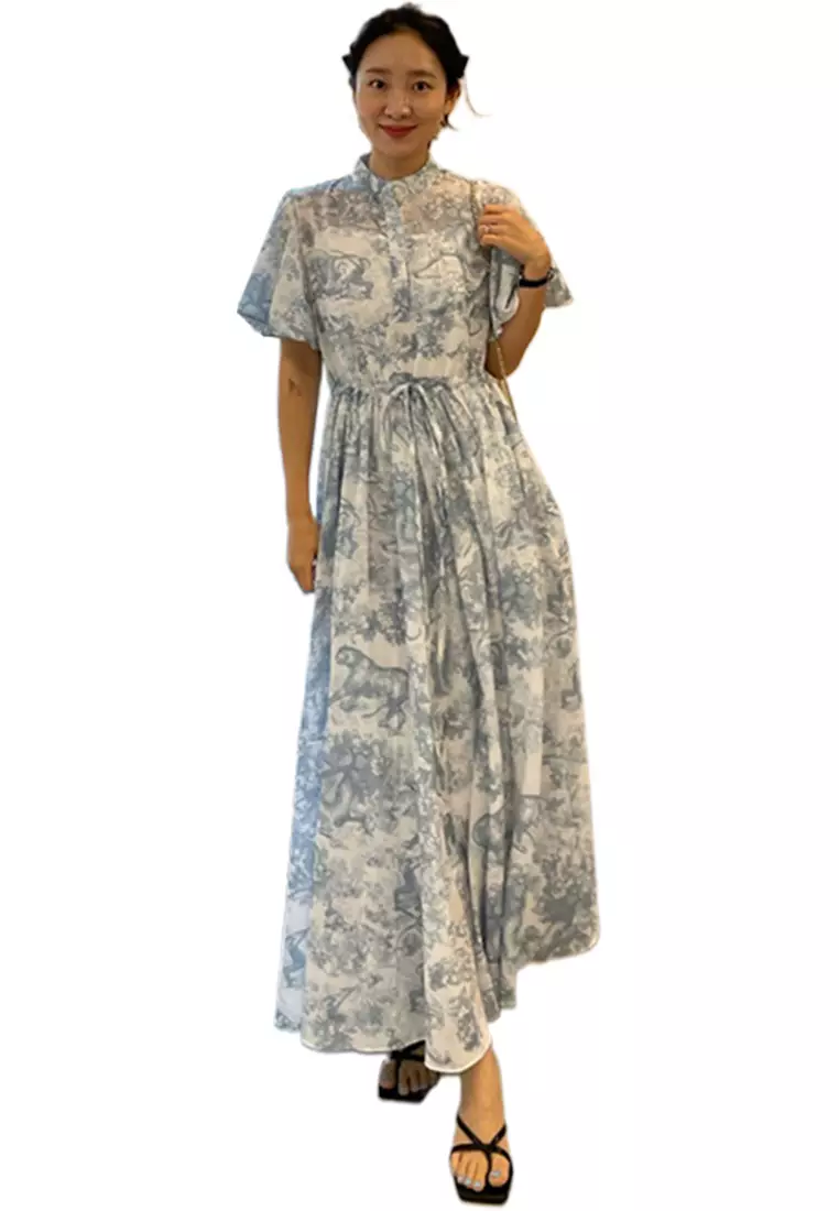 Summer vintage ink wash lace up chiffon dress CA25032717BL