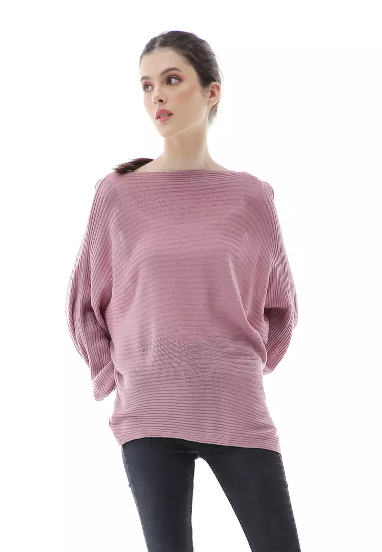 Eveline Sweater Rajut Batwing Atasan Wanita Motif Polos High Quality - Nila Muda