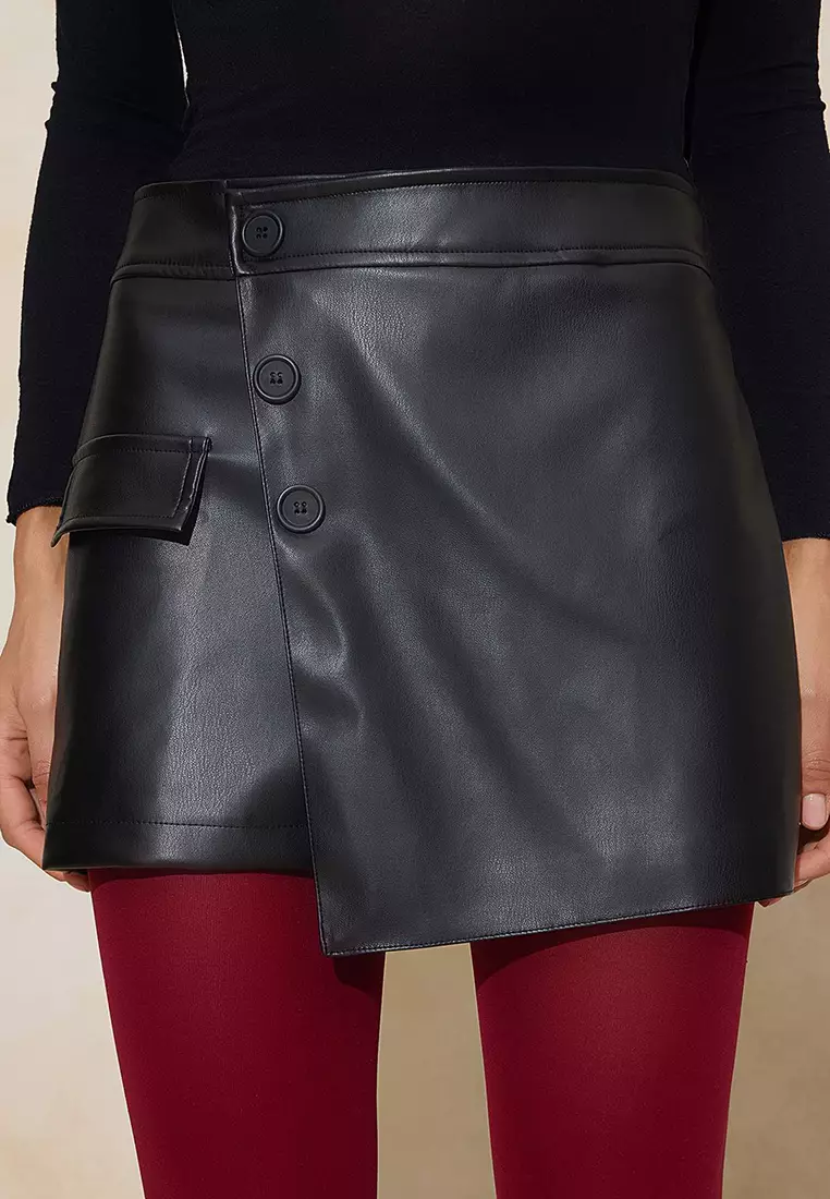Black Faux Leather Mini Double-Breasted Short Skirt Twoss26Sr12