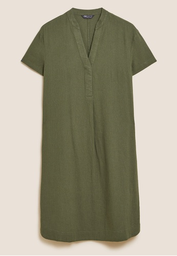 MARKS & SPENCER green M&S Linen Rich V-Neck Short Sleeve Shift Dress 999F5AA0998636GS_1
