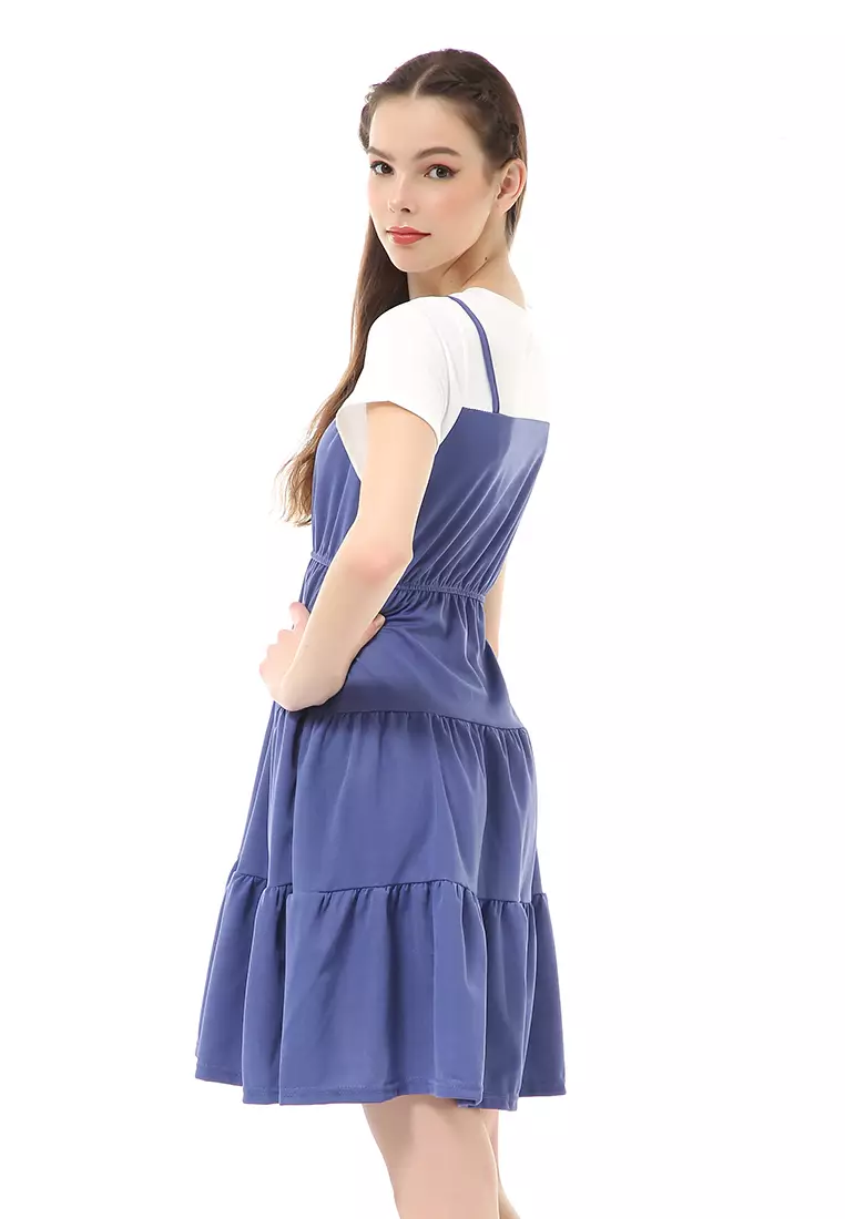 Rachel Midi Dress Wanita Lengan Pendek Model Menyatu Korean Style Material Cotton ORIGINAL - Blue