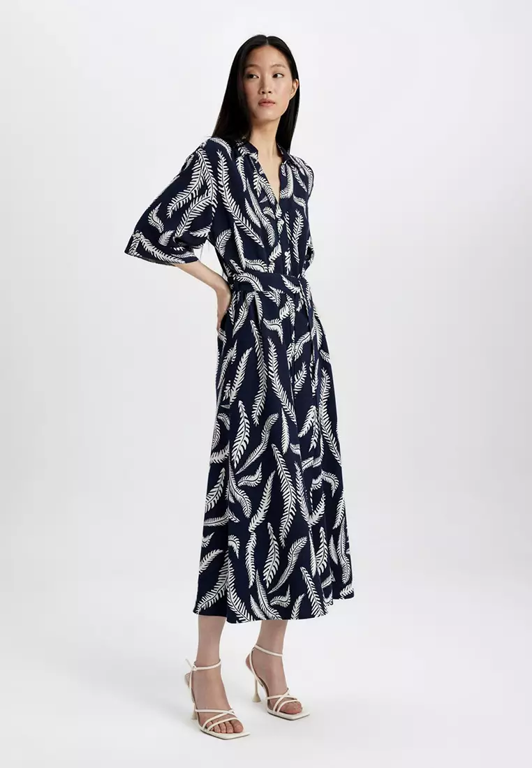 Shirt Collar Patterned Linen Blend Half Sleeve Midi Dress