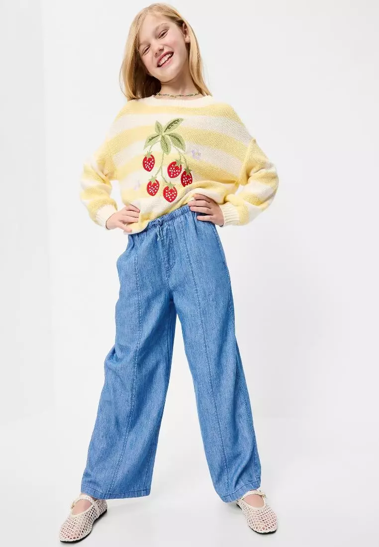 Pull-On Wide-Leg Chambray Pants for Girls