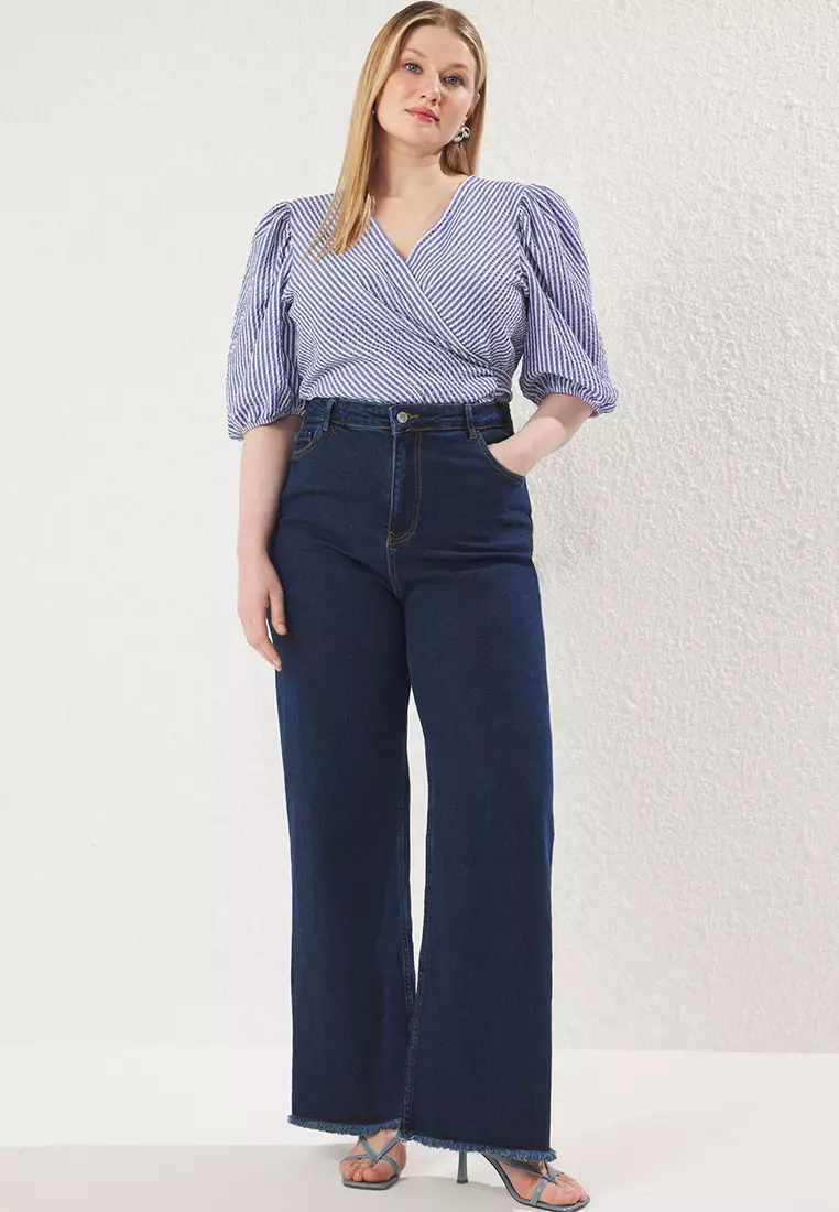 Dark Blue High Waisted Piercing Detail Wide Leg Comfort Plus Size Wide Leg Jeans Tbbss23Cj00009