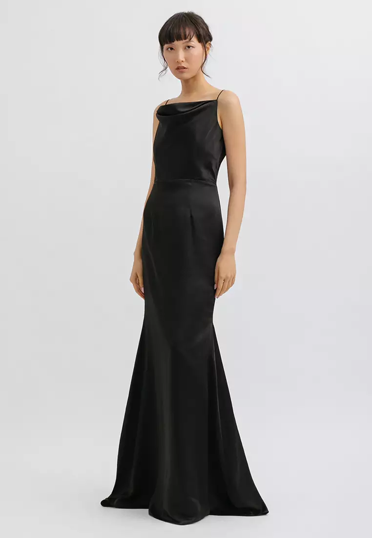 Drapery Neck Backless Maxi Dress in Black