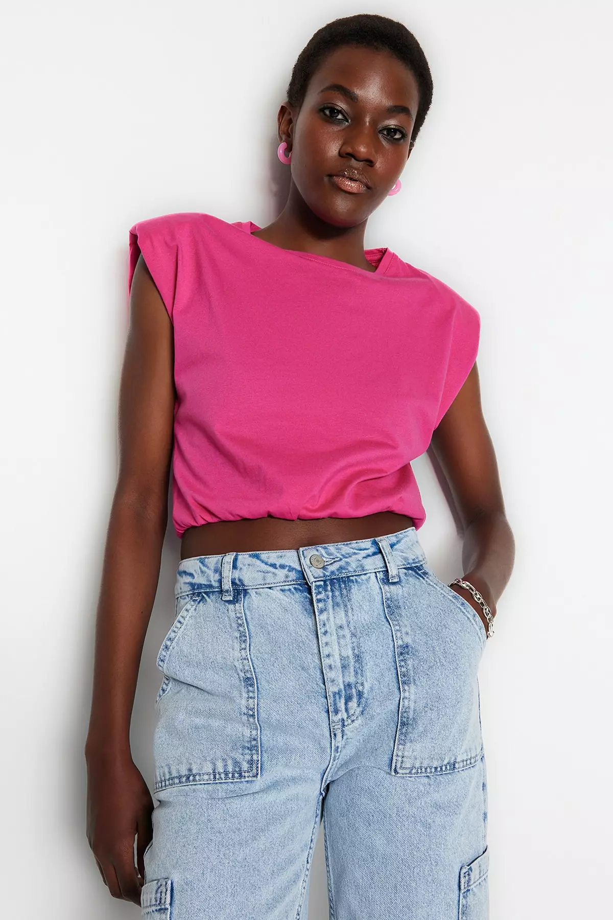 Fuchsia Padded Crop Crew Neck Knitted T-Shirt