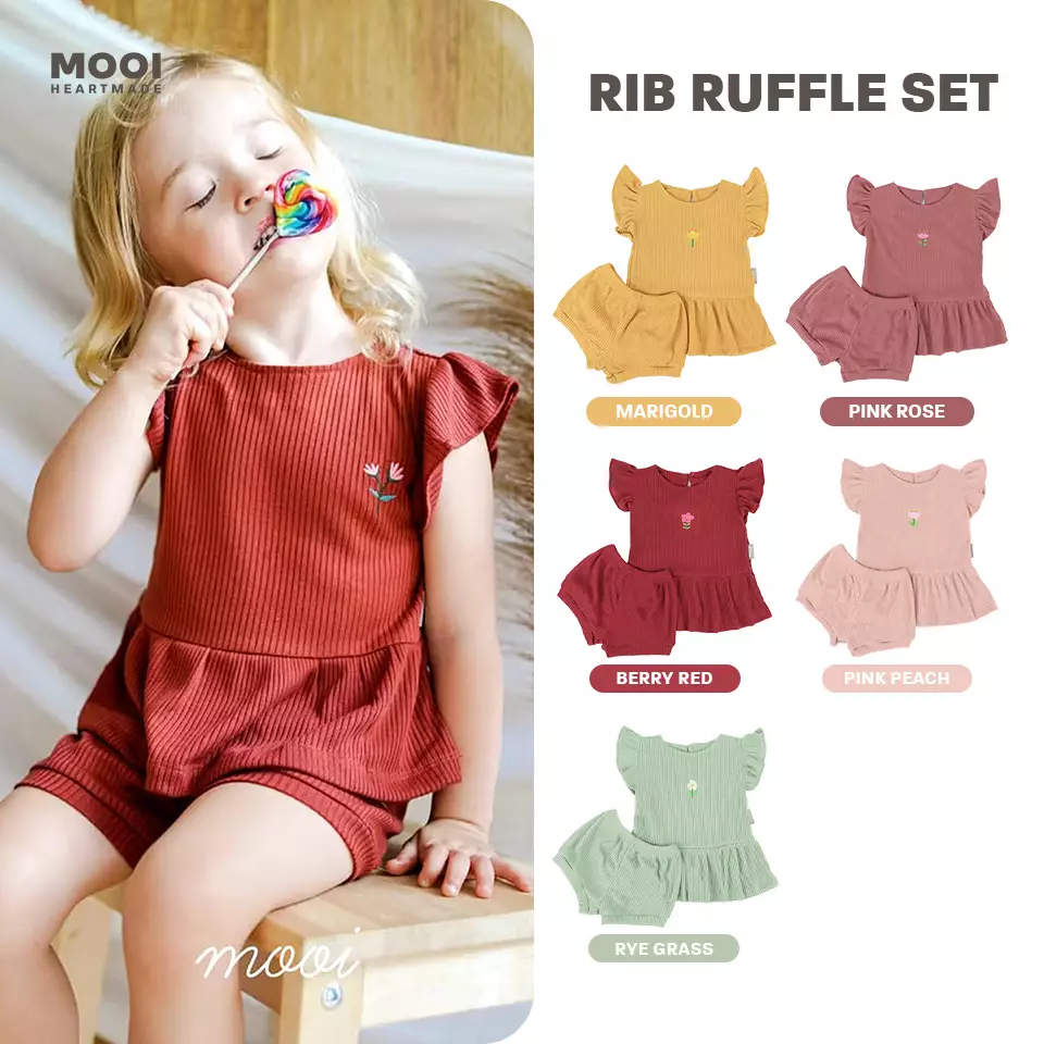 Mooi Setelan Anak Perempuan Rib Ruffle Set - Marigold