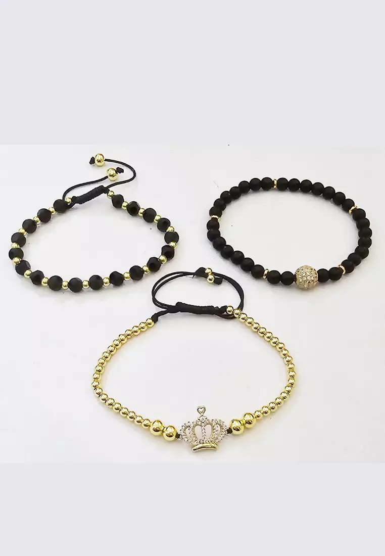 Women's Accessories Jewellery Gelang  3 in 1 Wanita Crown Studded Bangle Set Black & Gold