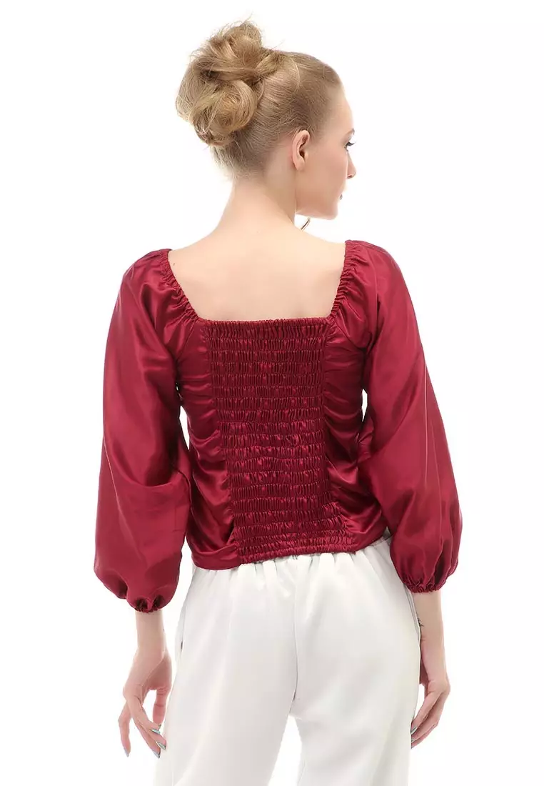 Cheva Blouse Casual Wanita Sabrina Kerut Dada Lengan Panjang Material Satin ORIGINAL - Maroon