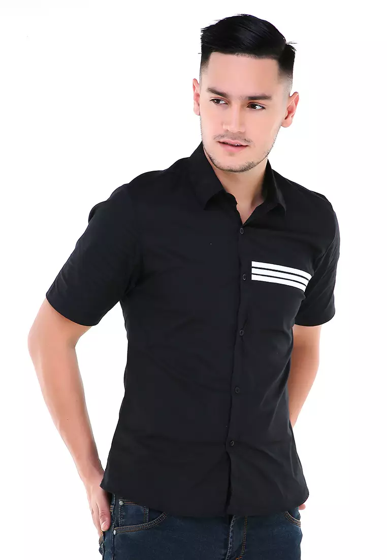 Dwan Atasan Kemeja Pria Three Lines Slim Fit Casual Shortsleeve Shirt Material Cotton ORIGINAL - Black