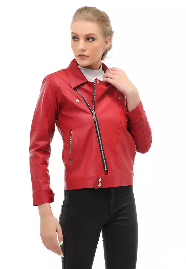 Glenice Jacket Outer Fashion Wanita Zipper Pocket Elegant Design Material Leather ORIGINAL - Red