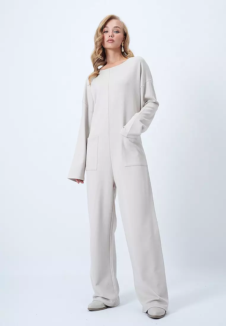 Crew Neck Back Zippered Relaxed Cut Jumpsuit