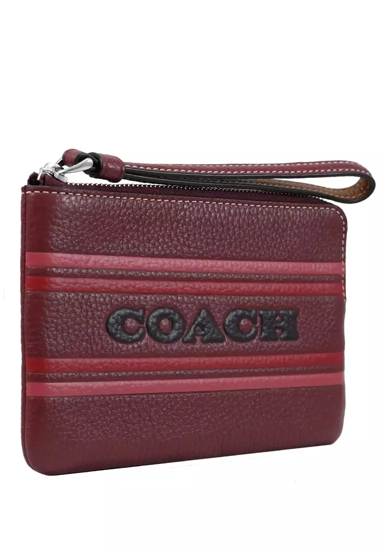 Corner Zip Wristlet With Coach Stripe - Wine