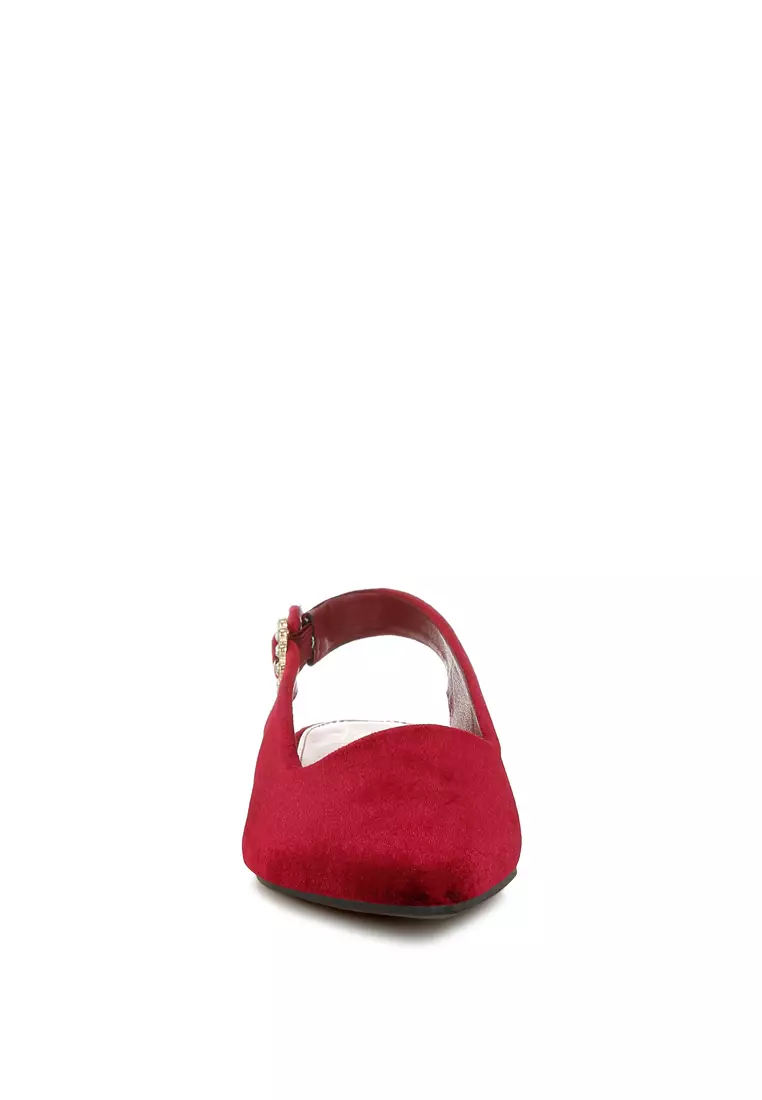 Velvet Slingback Flat Sandals in Dark Red