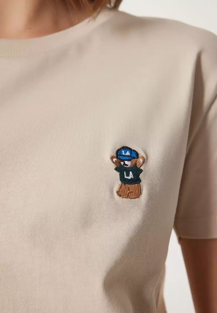 Teddy Bear Embroidered Cotton Knit T-Shirt