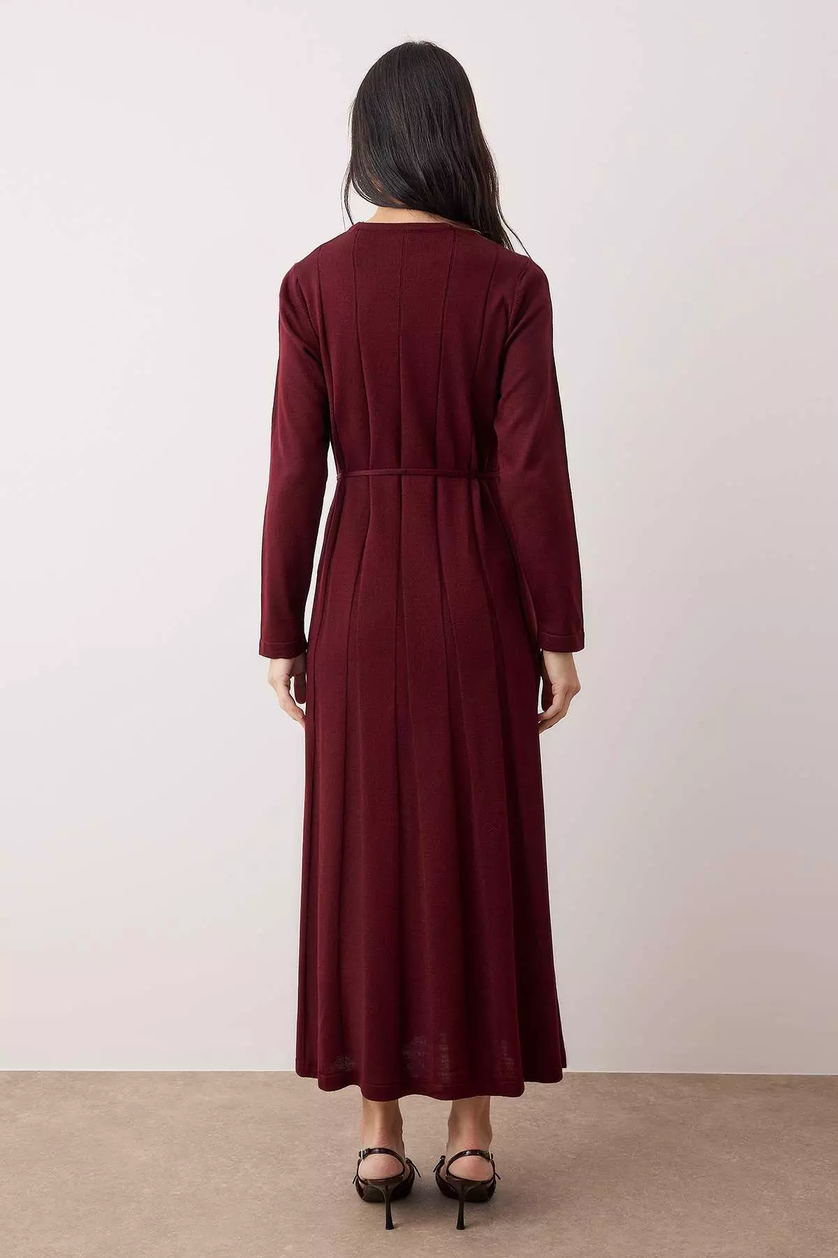 Plum Thin Belted Pleated Knitwear Dress Tctaw26Eb00010