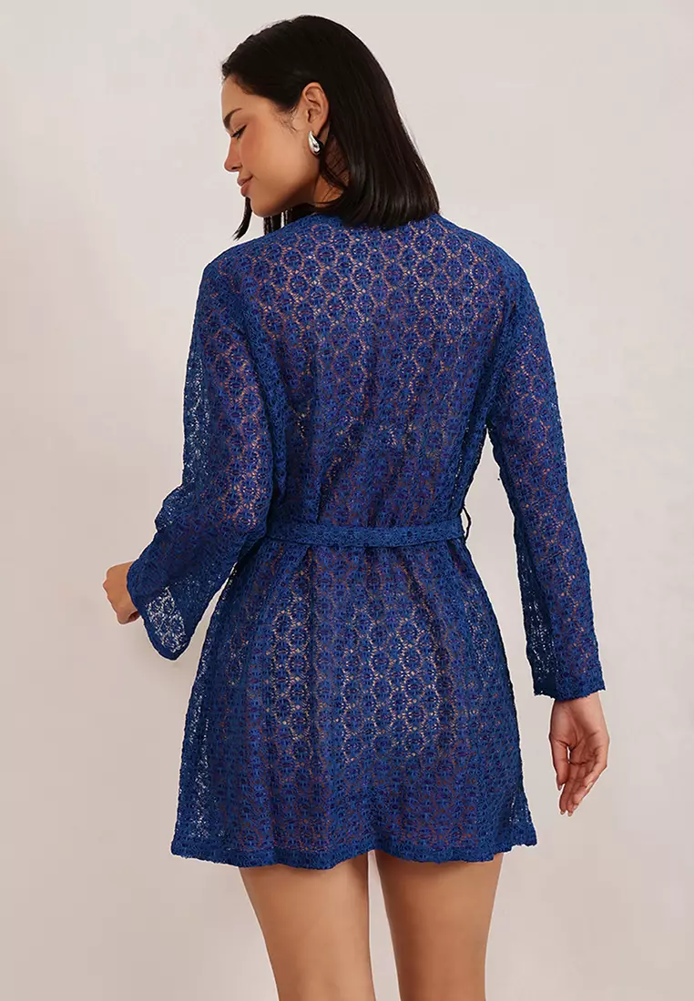 Clovia Chic Basic Sheer Robe in Royal Blue - Lace