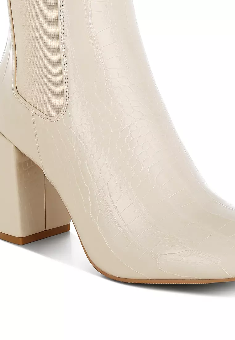 Faux Leather Block Heel Ankle Boots in Beige