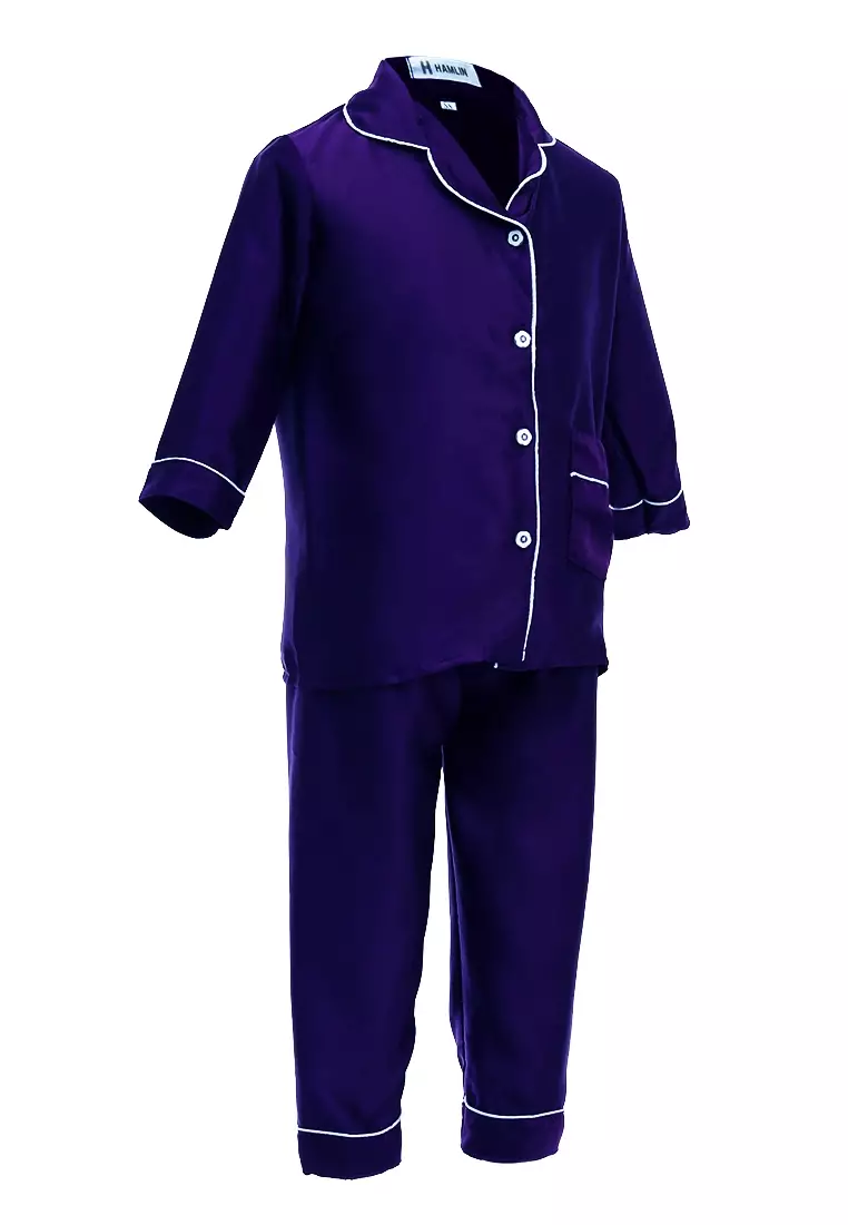 Joyce Piyama Anak Unisex Lengan Panjang Kids Pajamas Motif Polos Material Satin ORIGINAL - Navy