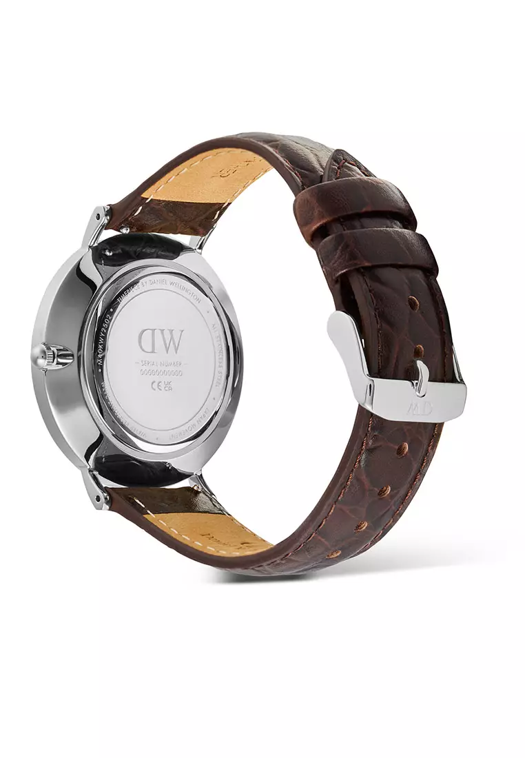 Classic 40mm Roman Numerals Date Dark Brown Croc Belly Silver - Men Watch stainless steel Leather strap watch DW Official Authentic Original 男士手錶 不銹鋼 真皮 手錶 DW 官方 正品
