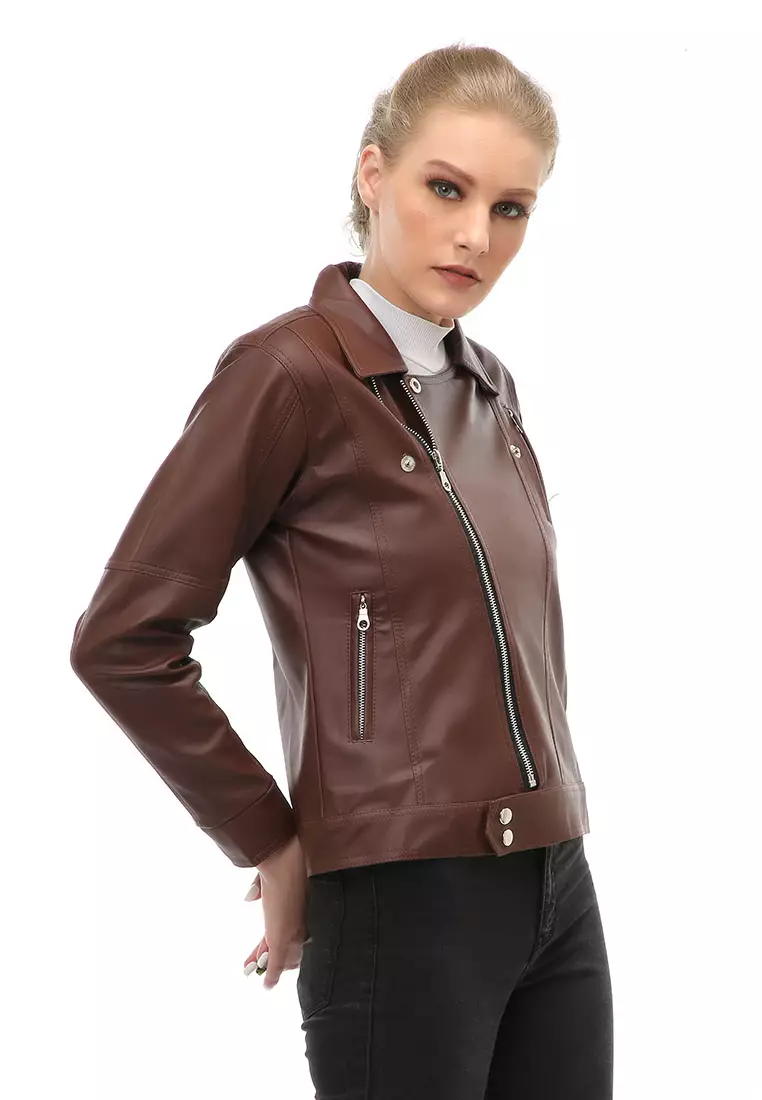 Glenice Jacket Outer Fashion Wanita Zipper Pocket Elegant Design Material Leather ORIGINAL - Brown