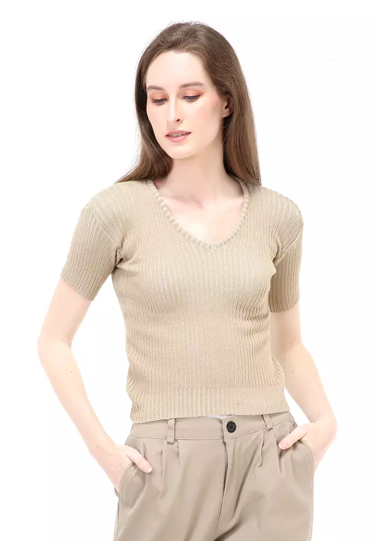 Amora Vneck Rajut Short Sleeves Atasan Casual Wanita - Coksu